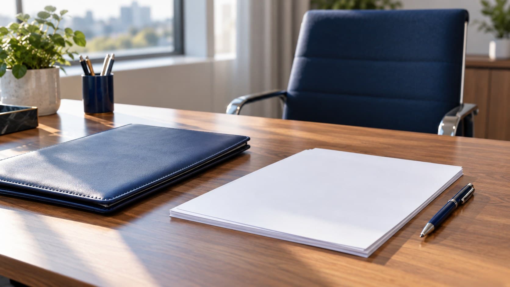 A navy portfolio and blank sheets on a desk facing an empty chair.