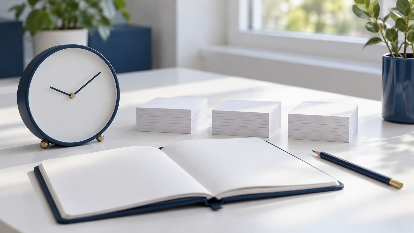 An unmarked analogue clock stands beside three stacks of blank index cards, an open navy notebook and a pencil.
