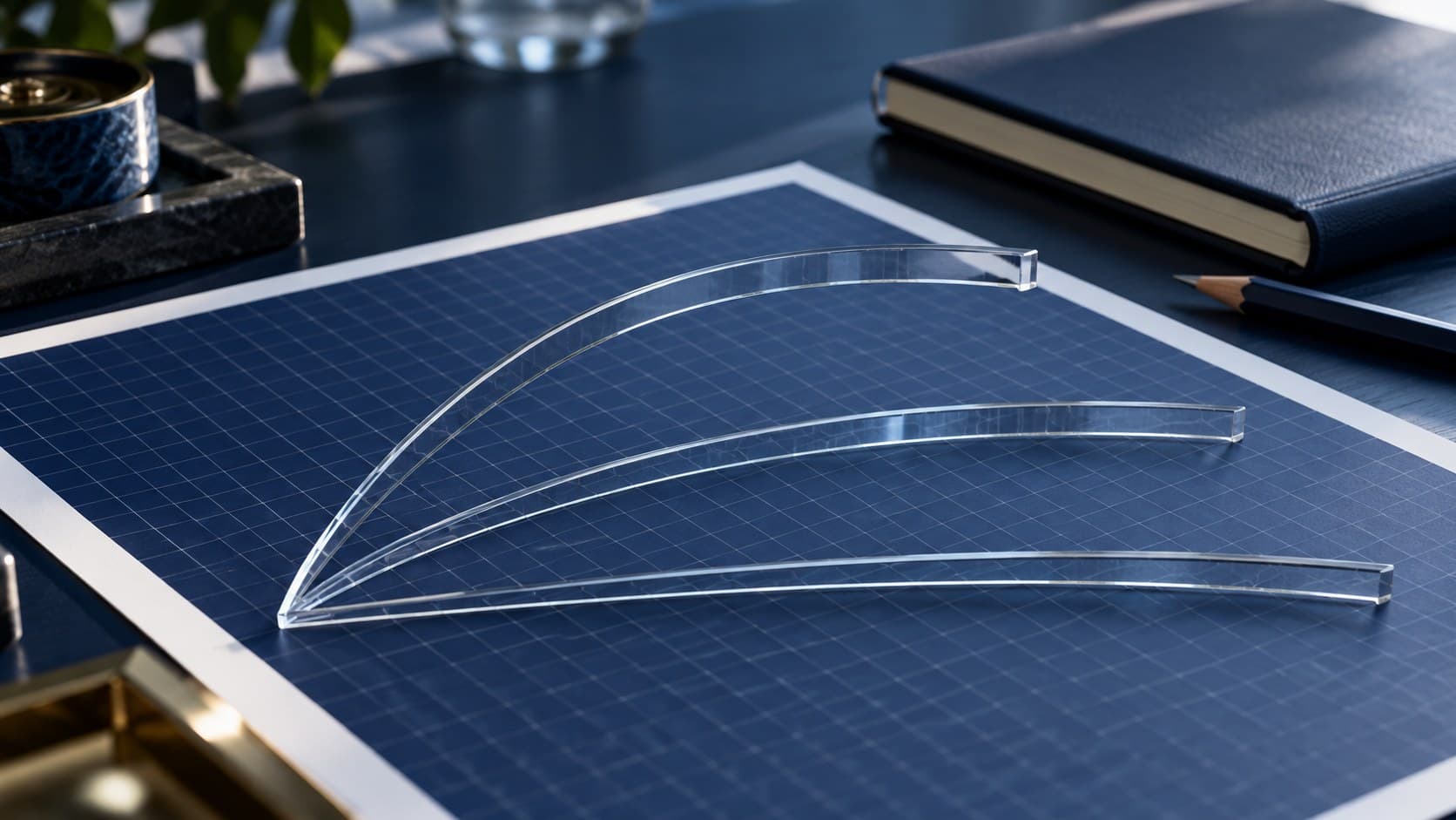 Three transparent curved rulers lie over unlabelled navy graph paper beside a closed notebook and pencil.