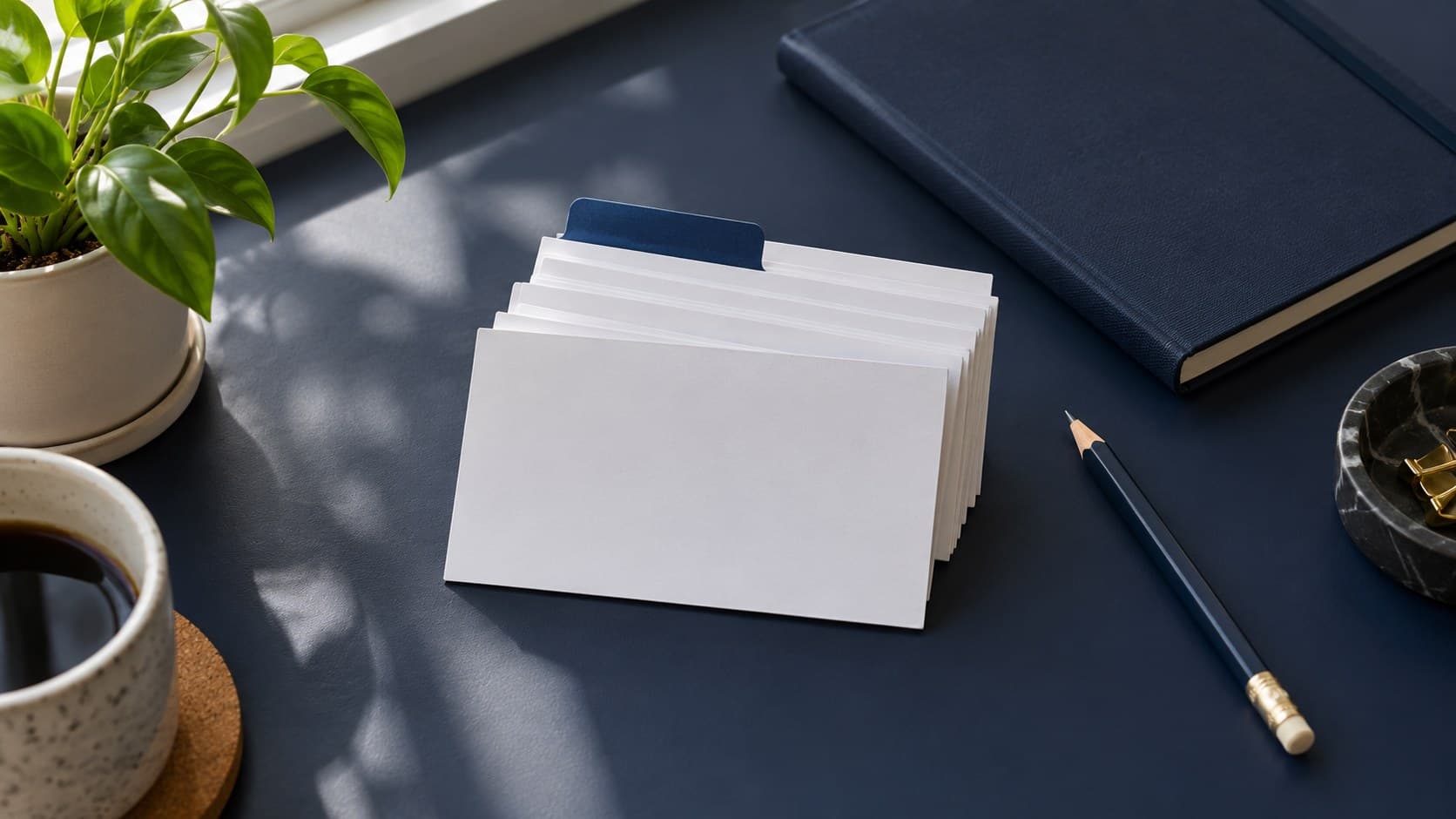 A stack of blank white index cards with a navy tab sits beside a pencil and closed notebook on a dark desk.