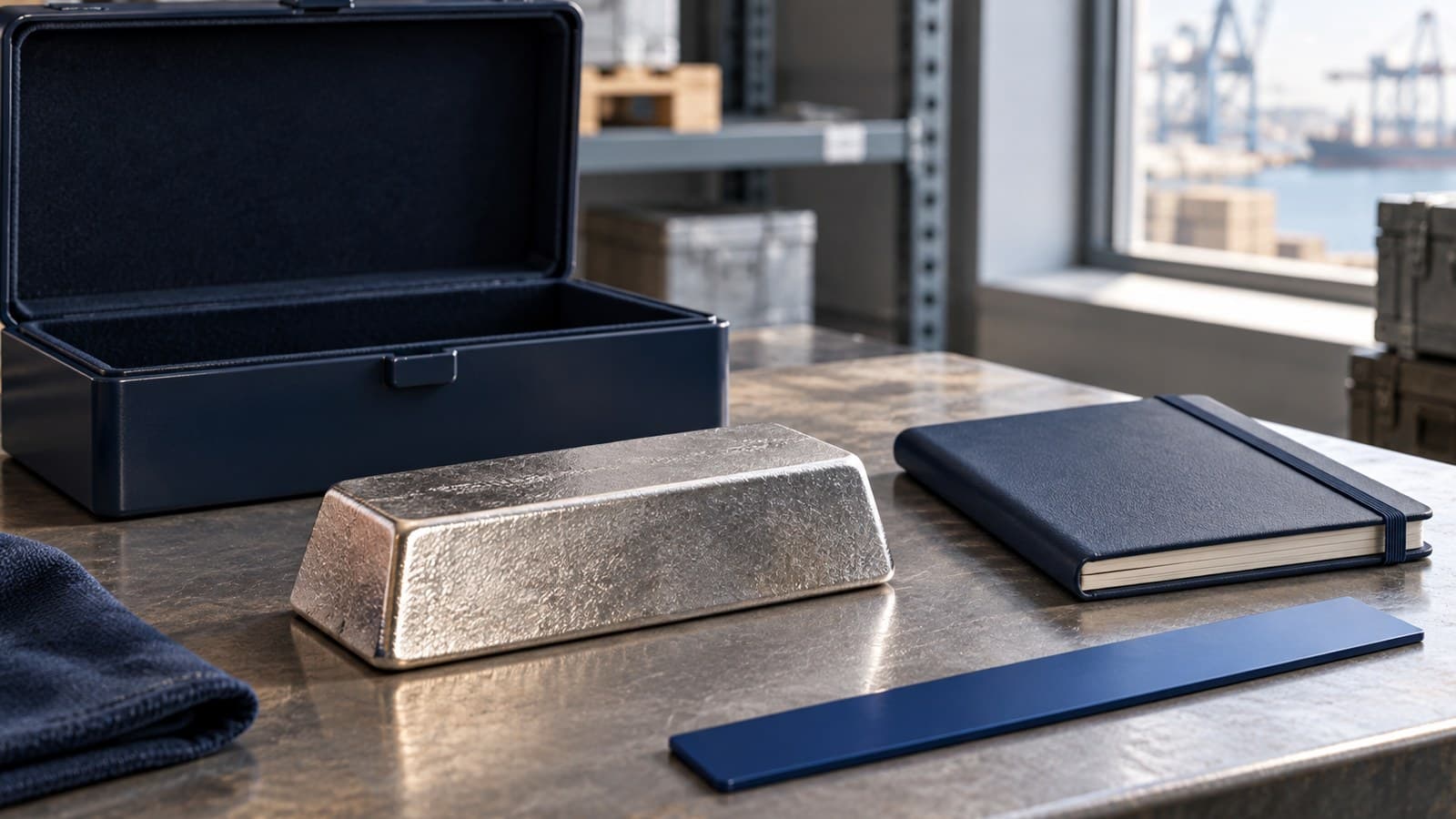 An unmarked metal ingot rests on a warehouse workbench beside an open navy storage case and a closed notebook.