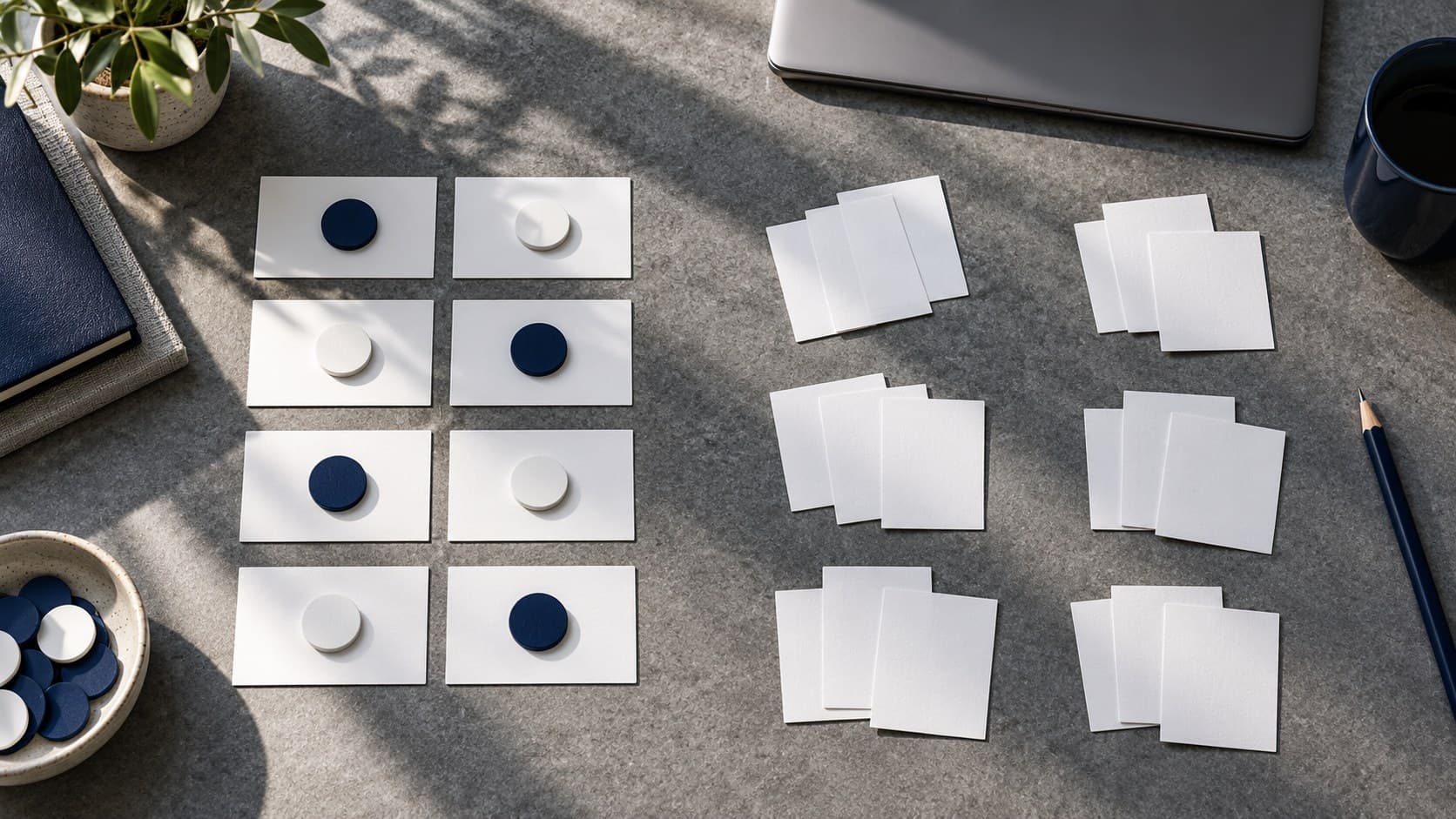 Blank data cards paired with navy and white tokens sit beside separate groups of unlabelled cards on a sunlit desk.