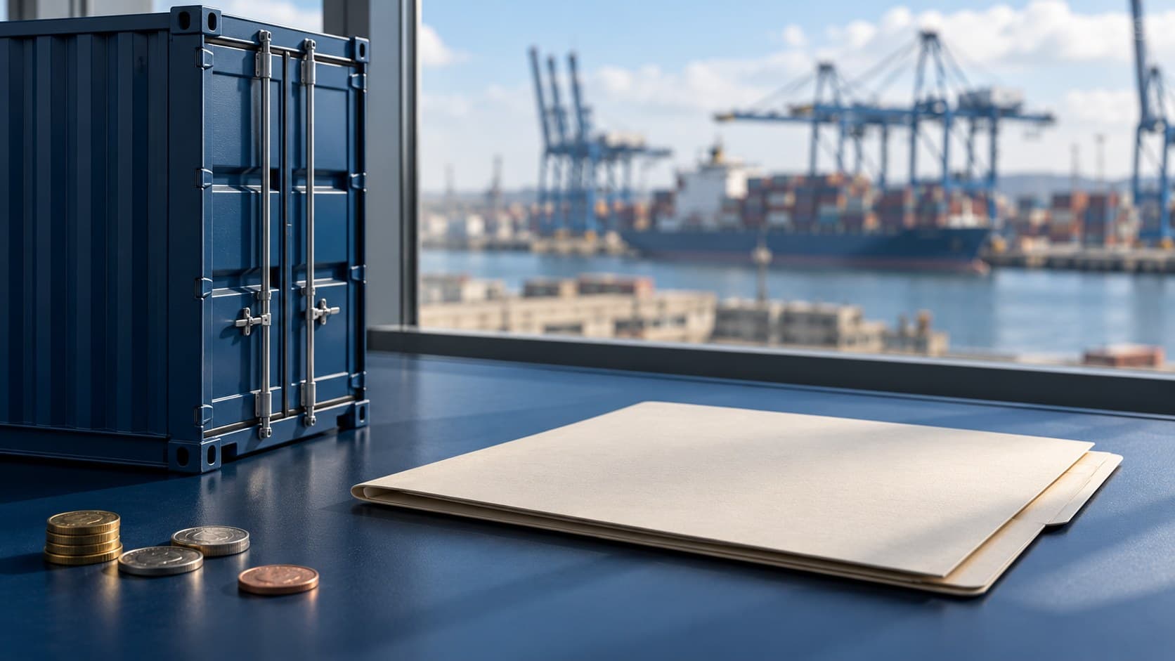 An unmarked navy shipping container, plain folder and coins sit beside a window overlooking a port.