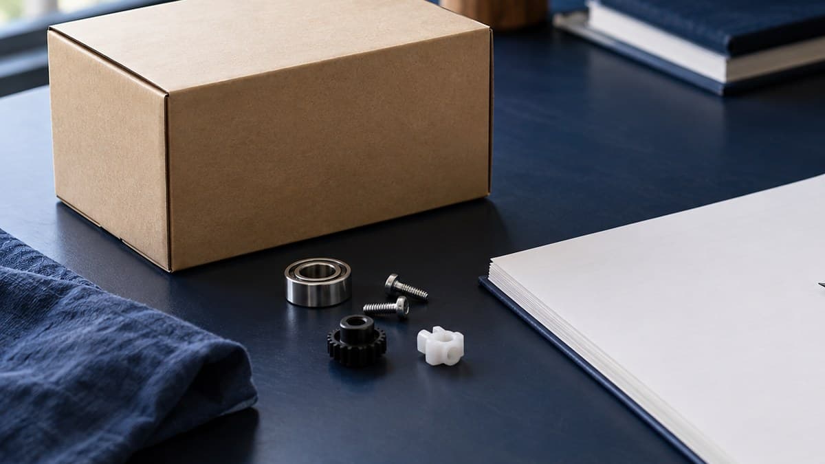 A blank product carton, repair components and an unmarked ledger on a navy working desk.