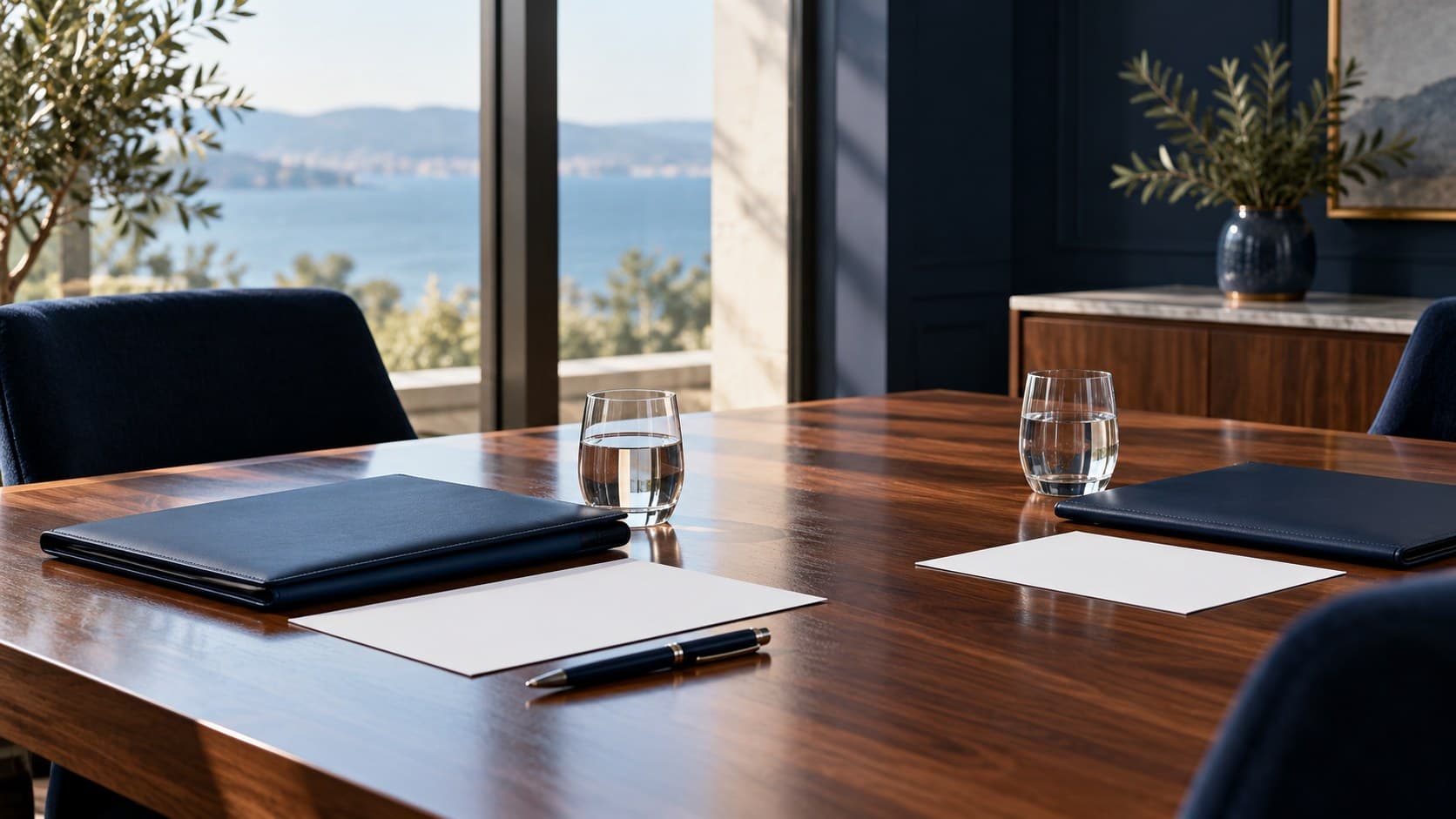 Two closed navy folders, blank papers, a pen and water glasses on an empty meeting table.