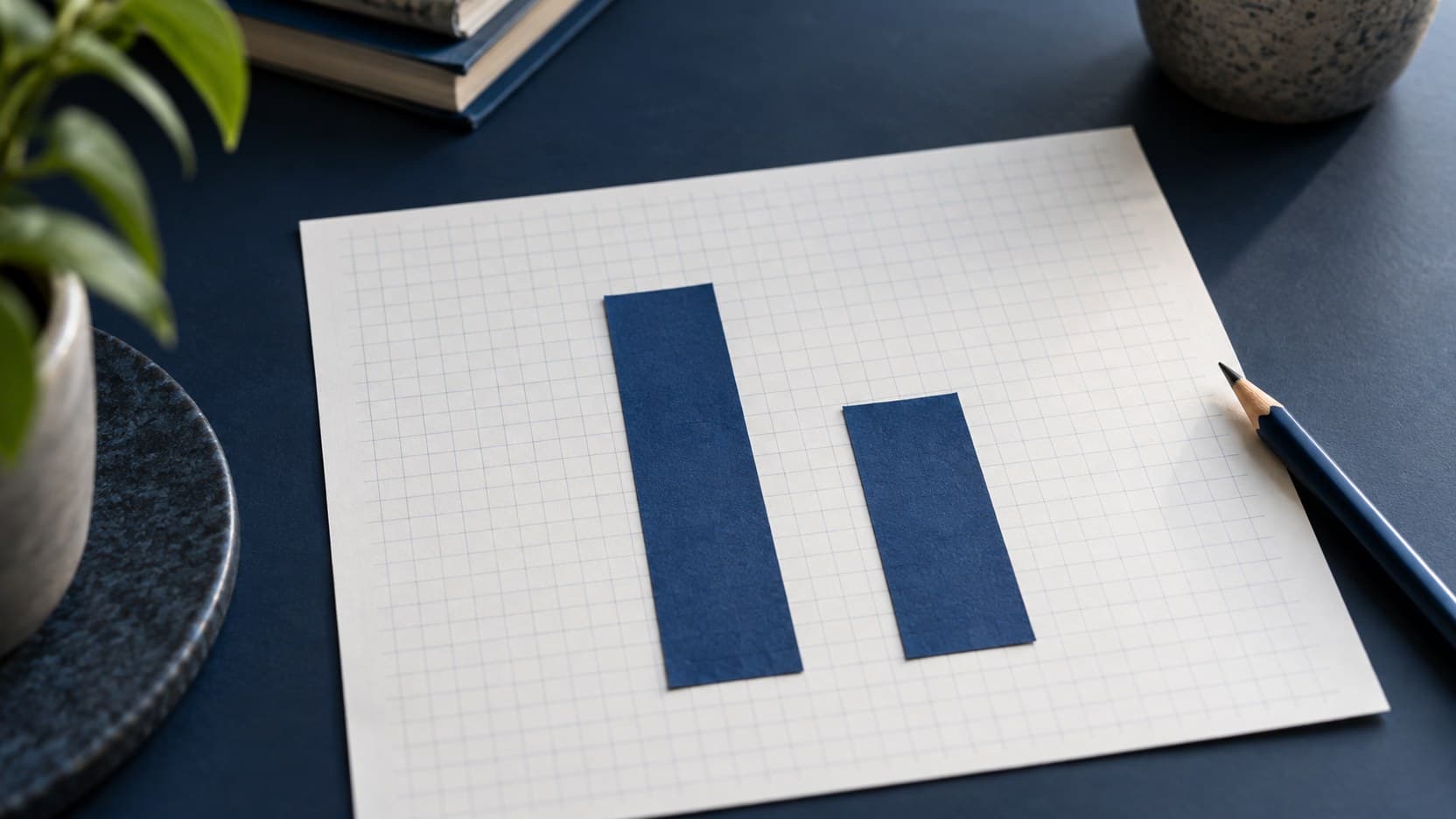 Two deep-blue paper bars of unequal height sit on blank graph paper beside a pencil on a navy desk.