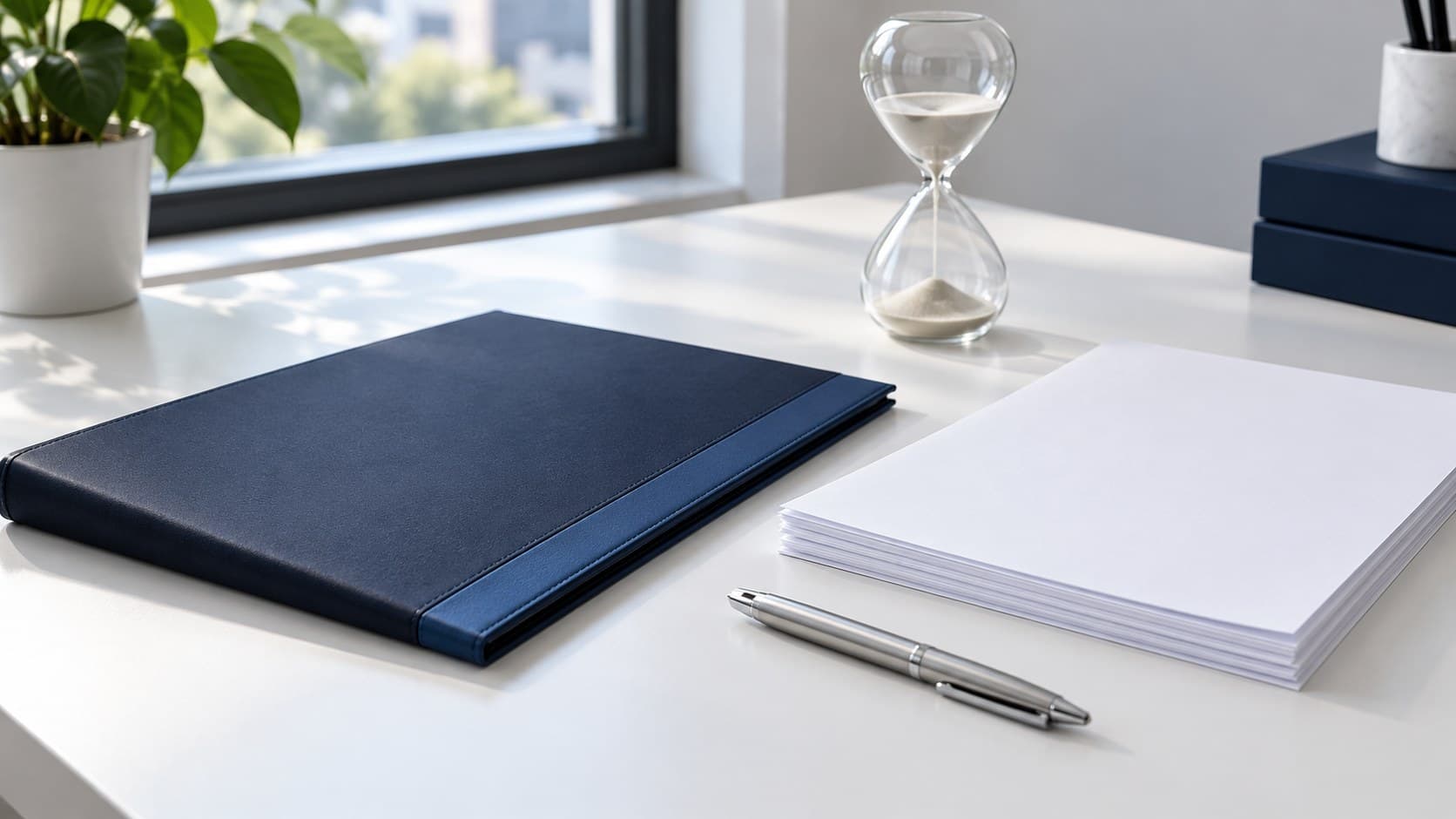 A closed navy folder, blank papers, a silver pen and an unbranded hourglass arranged on a white desk.