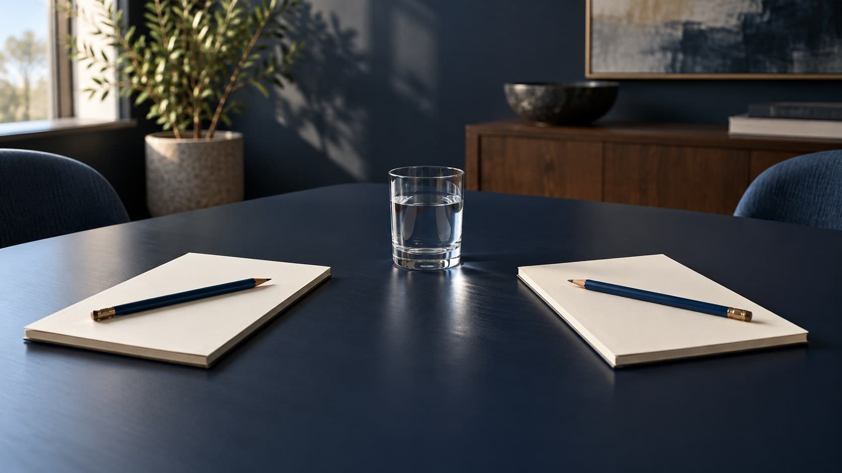 Two blank cream notepads face each other across a navy desk, with blue pencils and an untouched glass of water between them.