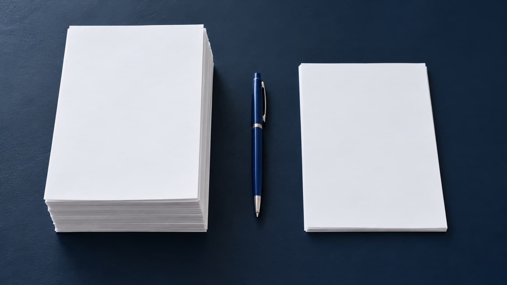 Two differently sized stacks of blank paper sit on a navy desk with a blue pen between them.
