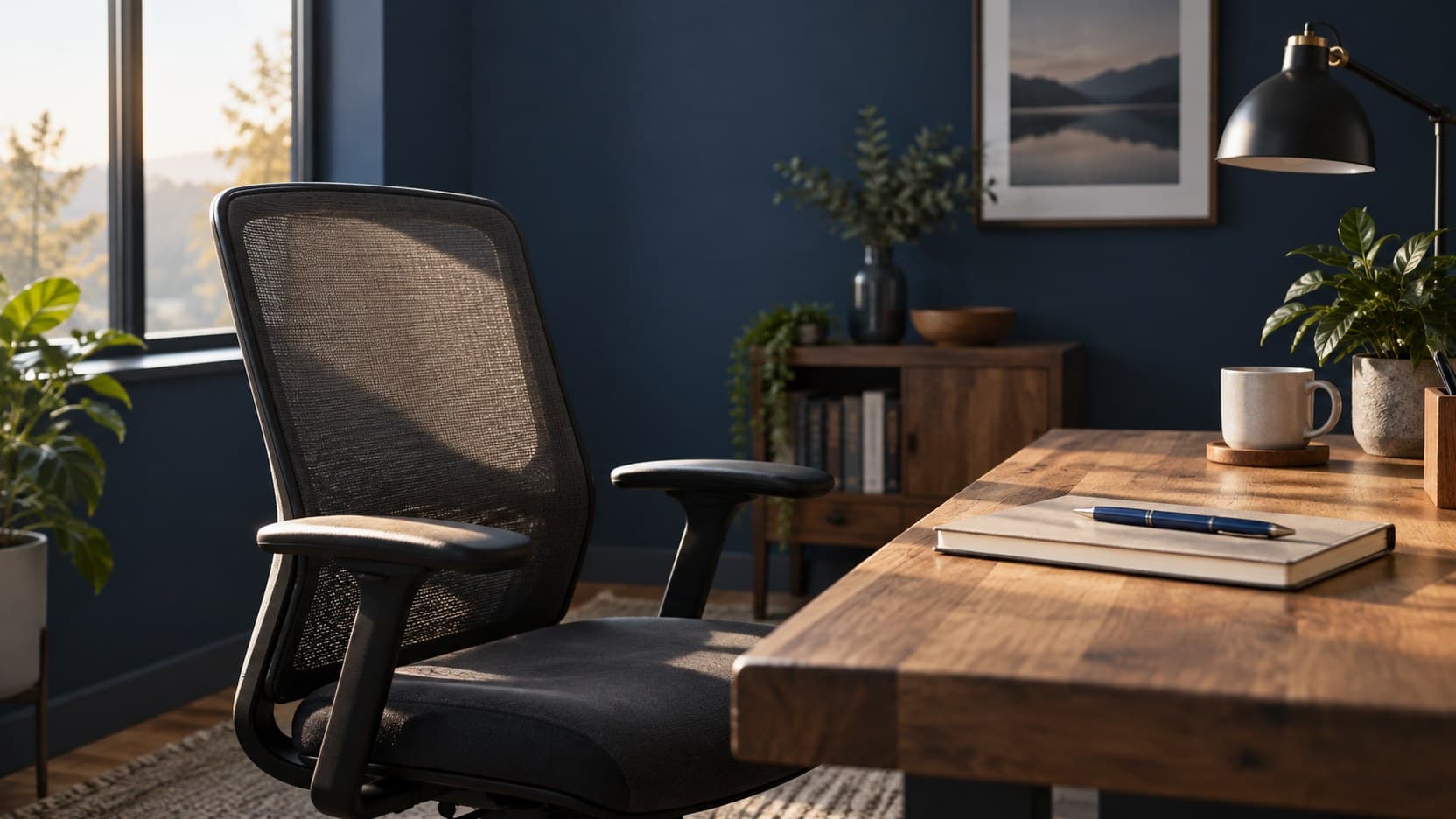 An empty office chair faces a wooden desk with a closed notebook and blue pen in soft daylight.