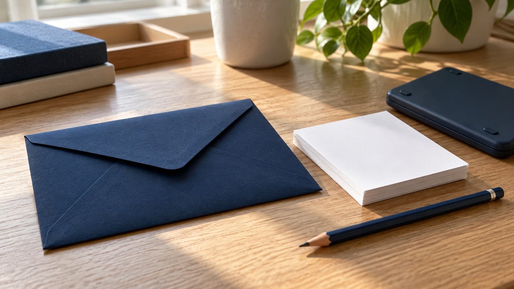 A navy envelope, blank paper slips, a face-down calculator and a pencil on a naturally lit desk.