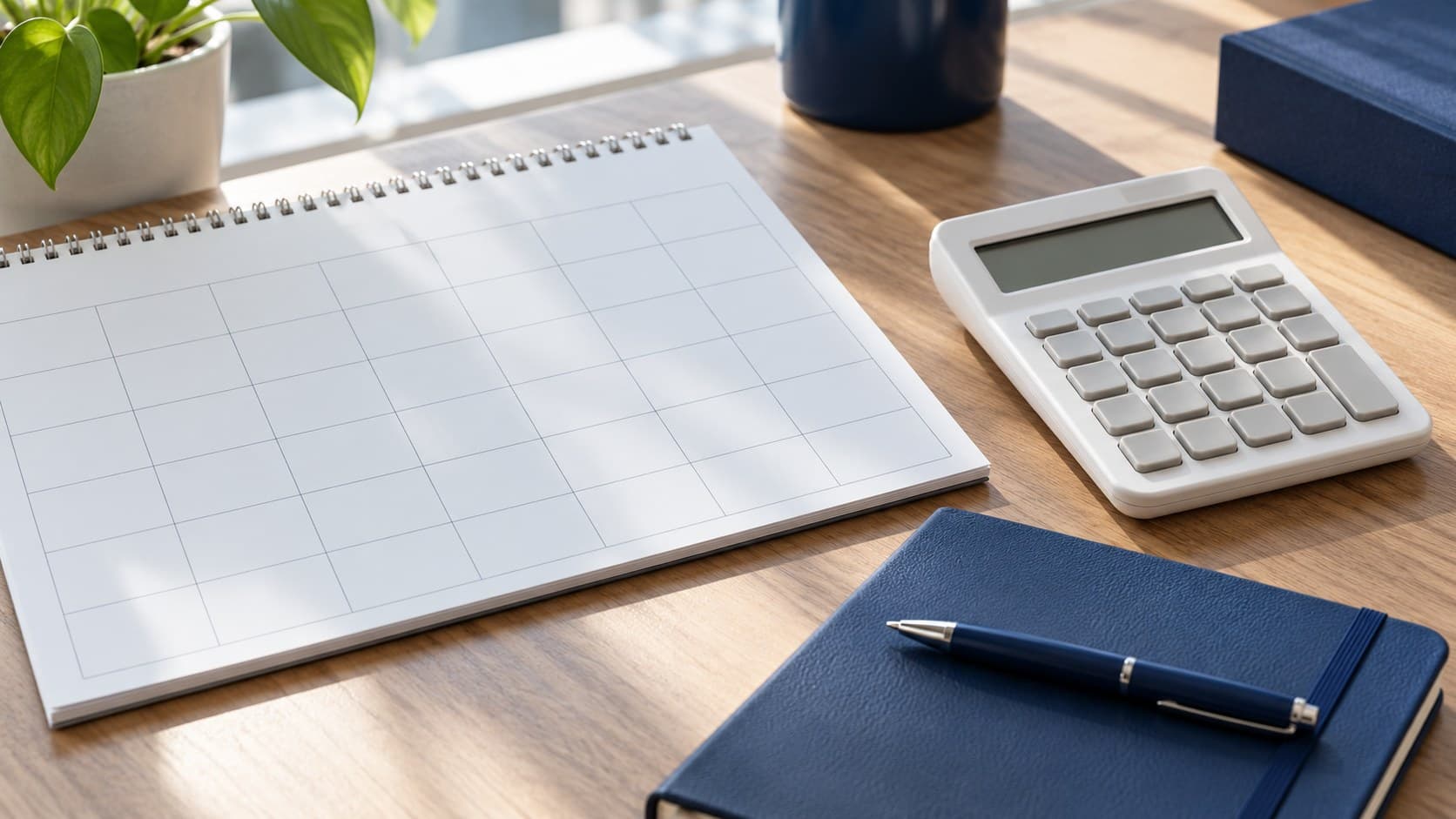 A blank calendar lies beside a plain calculator, navy notebook and pen on a sunlit desk.