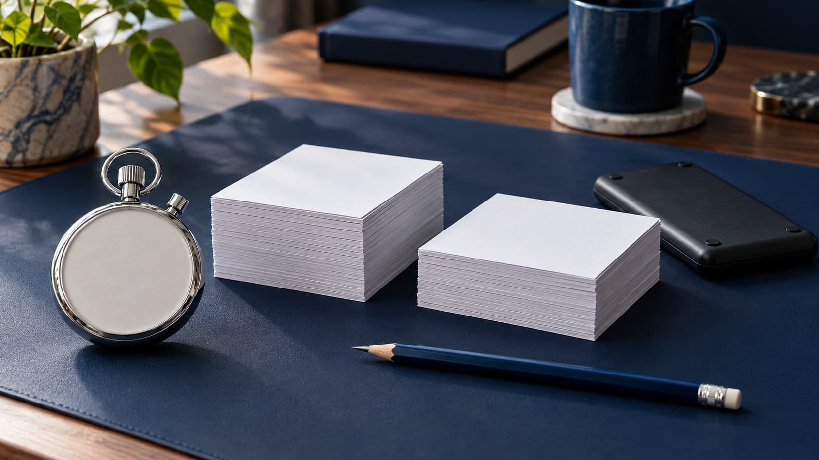 A blank-faced stopwatch, two stacks of plain index cards and a face-down calculator on a navy desk mat.