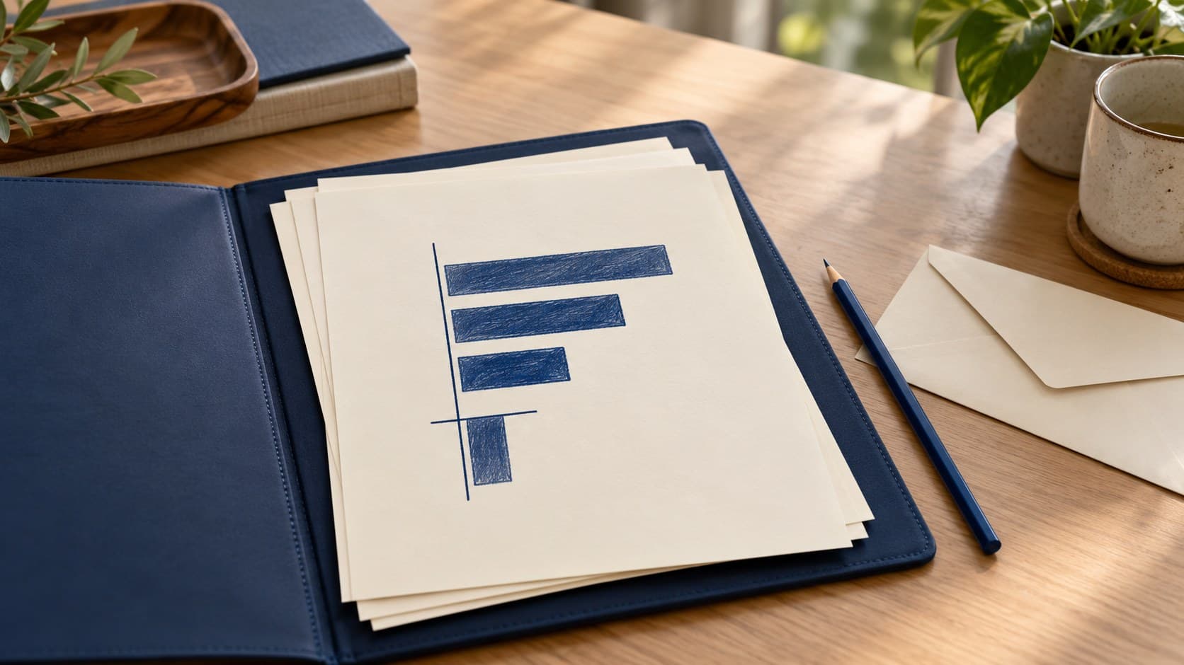 An open navy folder holds blank sheets with unlabelled blue bars, beside a pencil and an envelope on a wooden desk.