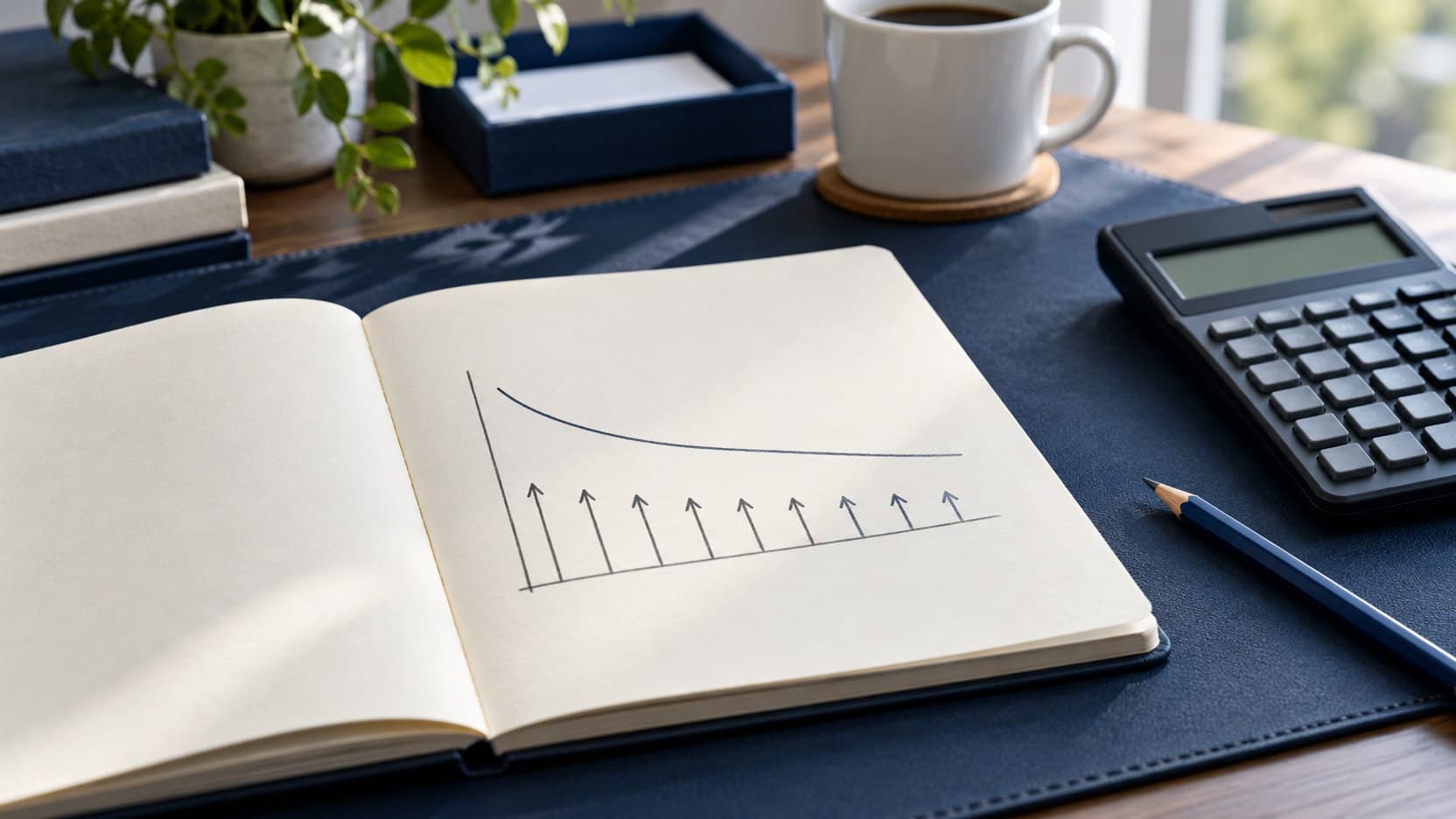 A blank notebook with a cash-flow sketch sits beside a calculator and pencil on a navy desk mat.