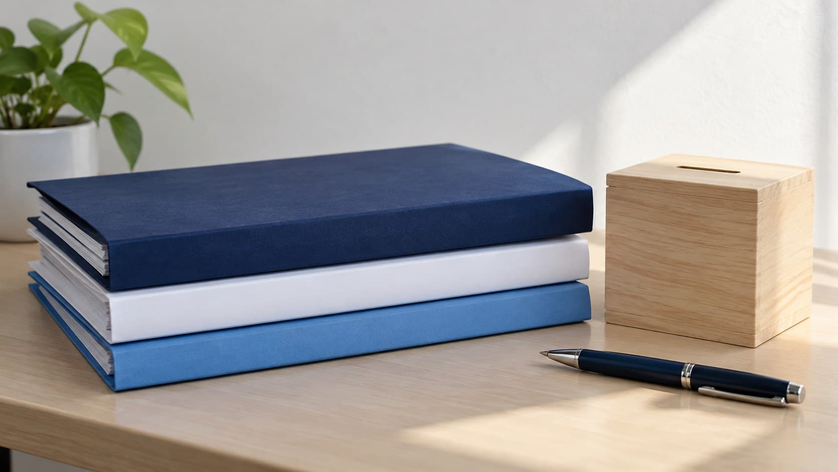 Three unlabelled blue and white folders and a wooden savings box on a sunlit desk.