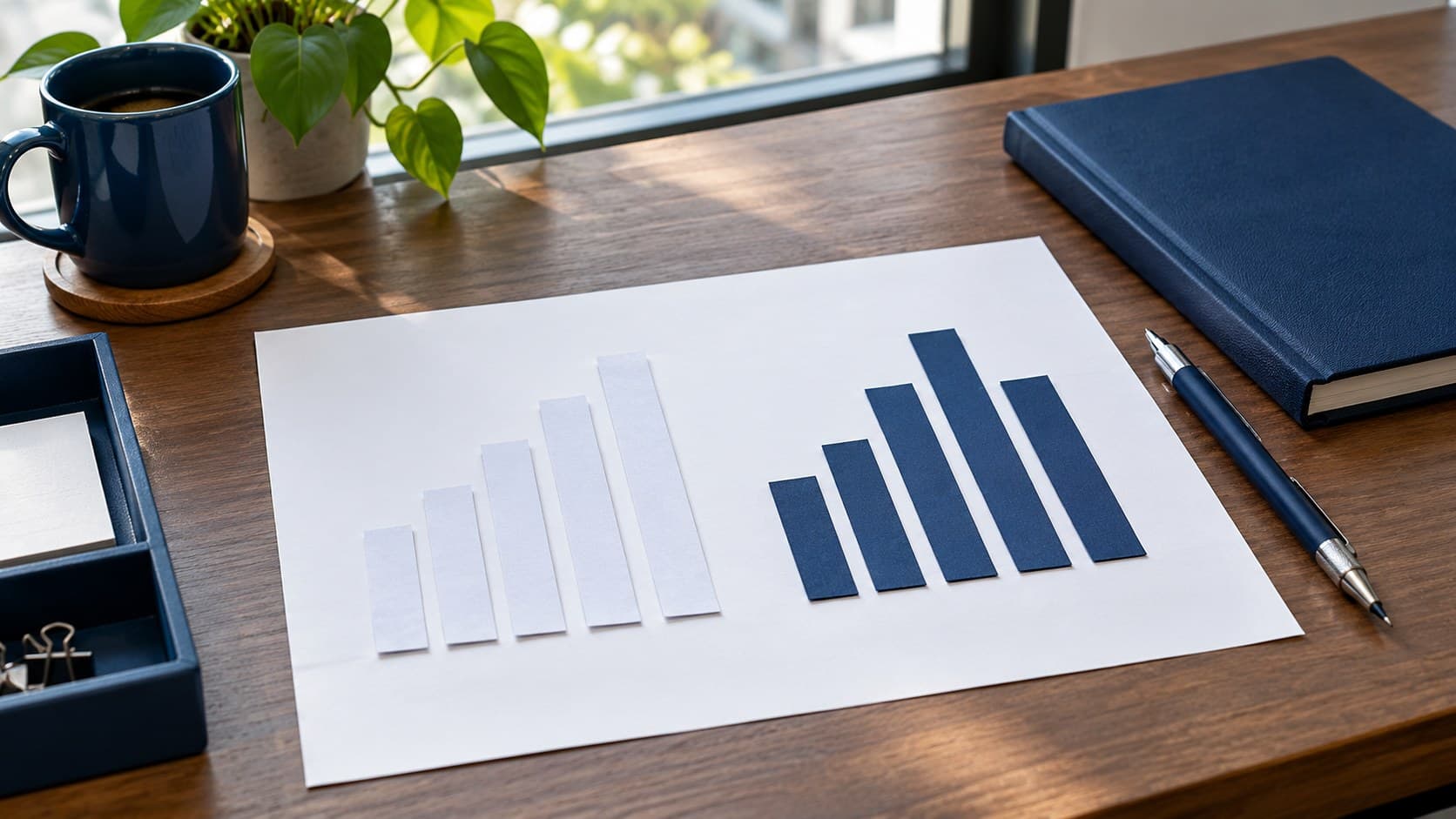 Two sets of unlabelled paper bars on a white sheet beside a navy notebook.