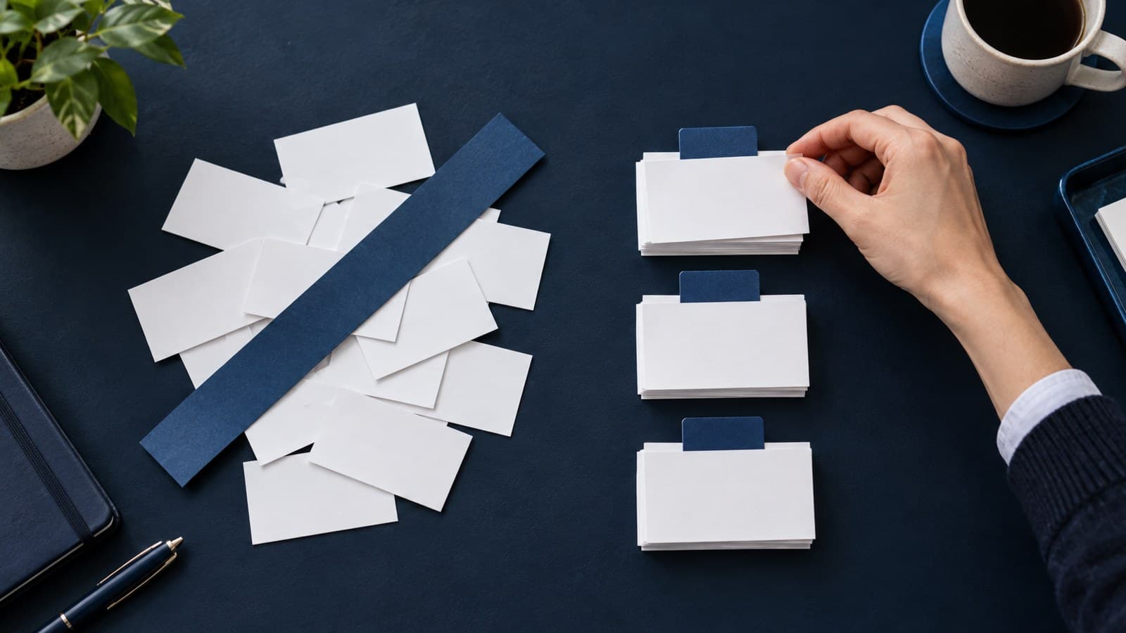 A blue paper strip crosses loose blank issuer cards while a hand sorts three stacks of blank cards on a navy desk.