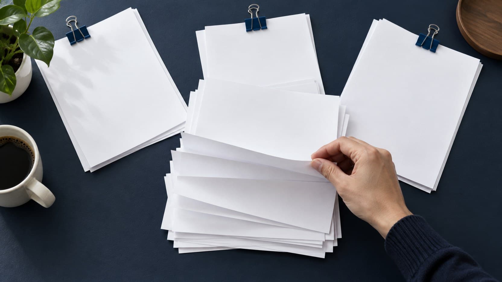 Blank study papers from three clipped piles are being combined into one pile on a navy desk mat.