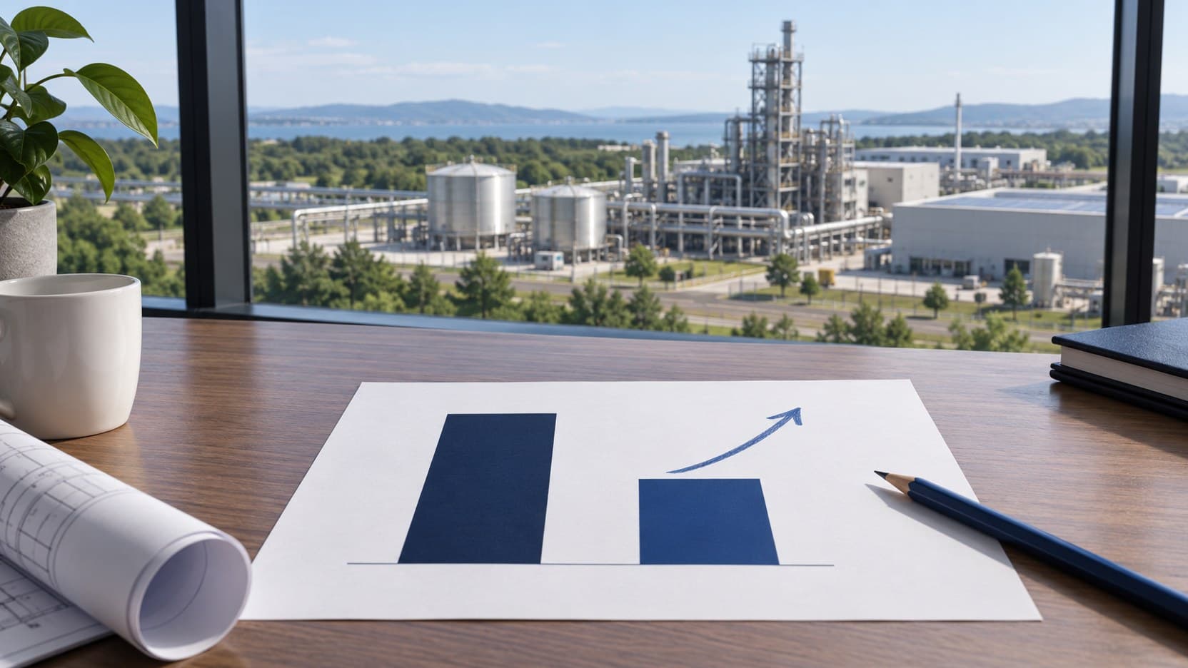 An unlabelled two-bar scenario sheet lies before an office window overlooking an industrial facility.