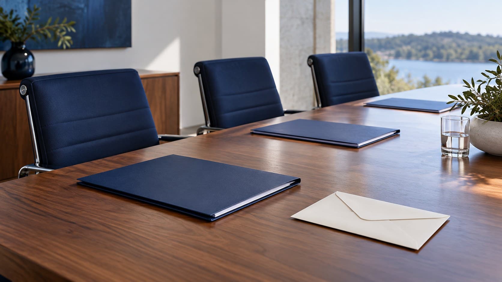 An empty boardroom table with navy chairs, blank folders and a plain envelope in daylight.