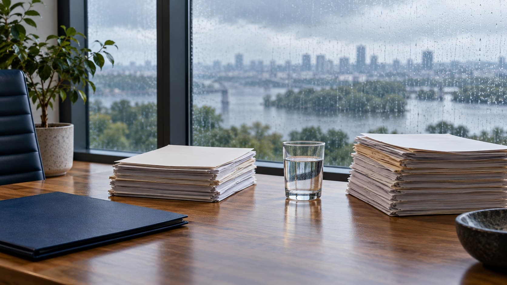 Two stacks of blank papers and a glass of water on a desk beside a rain-streaked window.