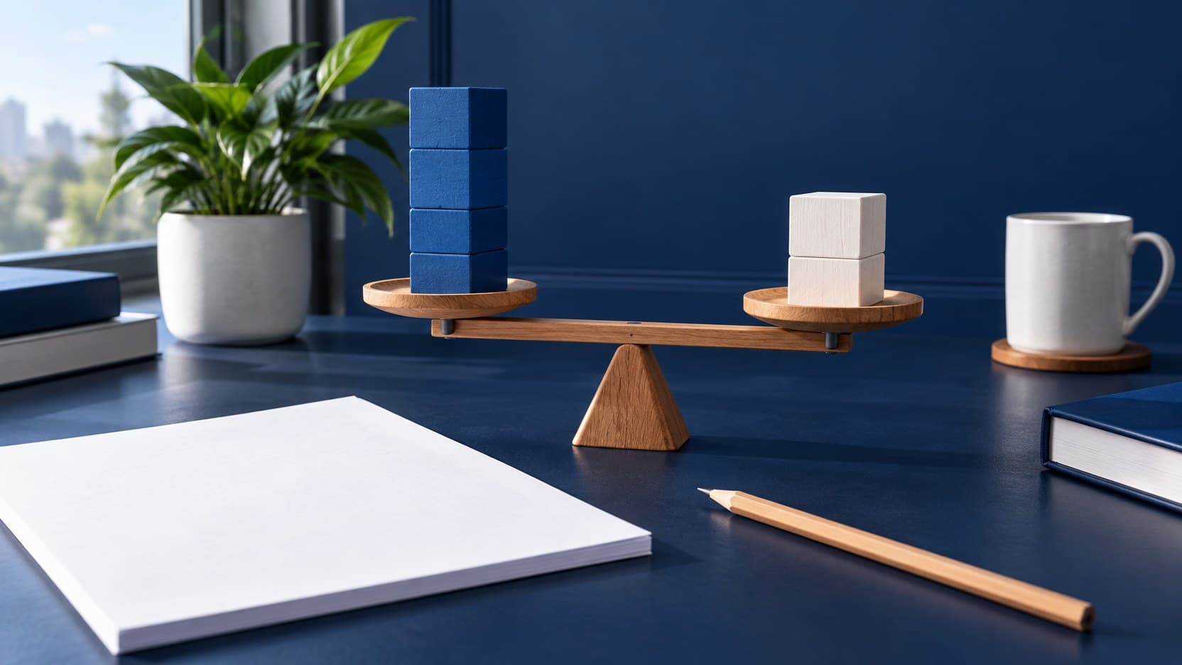 A wooden balance scale holds unequal stacks of blue and white blocks beside blank paper and a pencil.