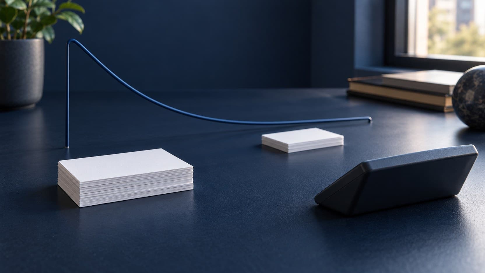 Two stacks of blank white cards and a curved blue wire on a dark navy desk beside a closed calculator.