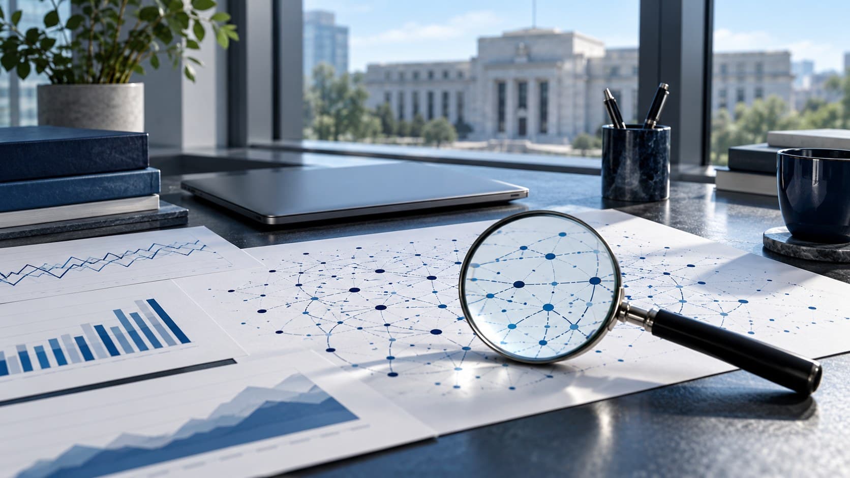 A magnifying glass rests on unlabelled payment-network diagrams and economic charts on a blue research desk.
