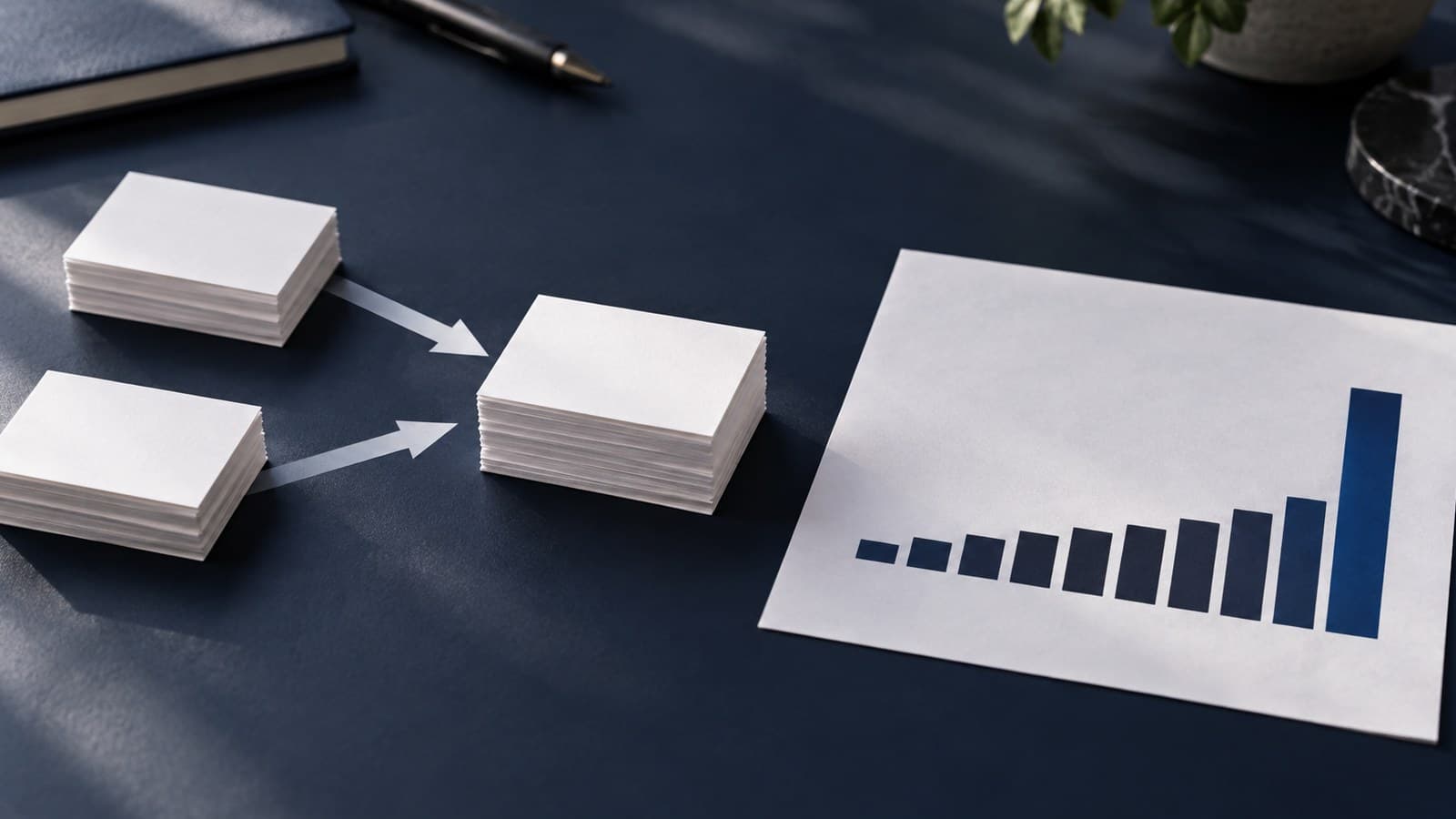 Two small stacks of blank risk cards merging beside a printed, unlabelled tail distribution on a navy desk.