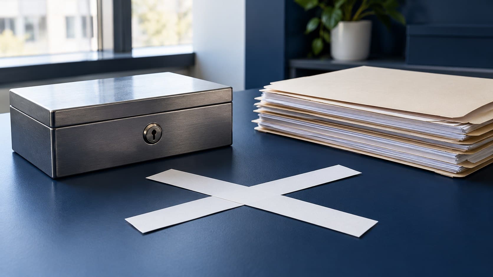 An unmarked metal lockbox and a stack of plain loan folders sit behind two crossing paper strips on a navy desk.