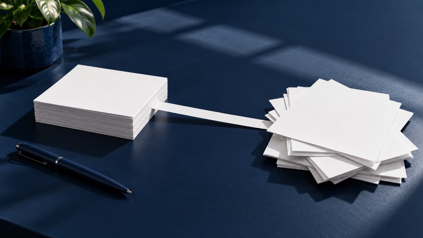 Two piles of blank white cards are linked by a narrow paper strip on a navy desk.