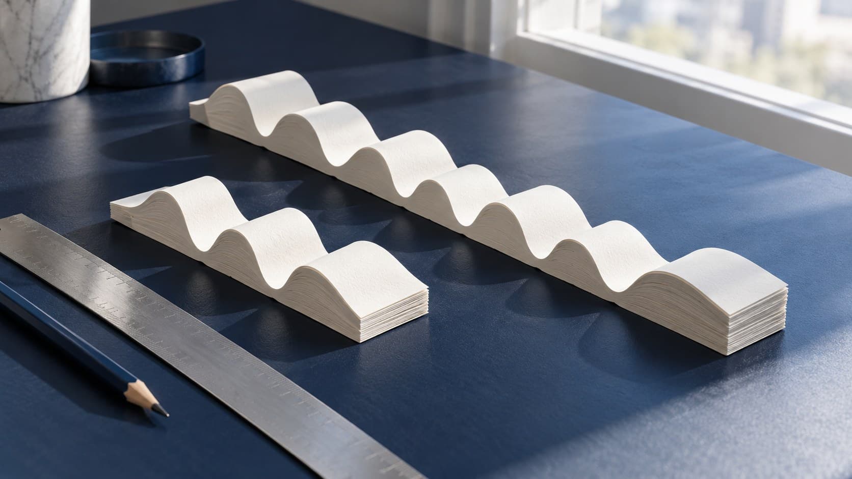 Unmarked paper cash flow shapes of different lengths beside a metal ruler and pencil on a navy desk.