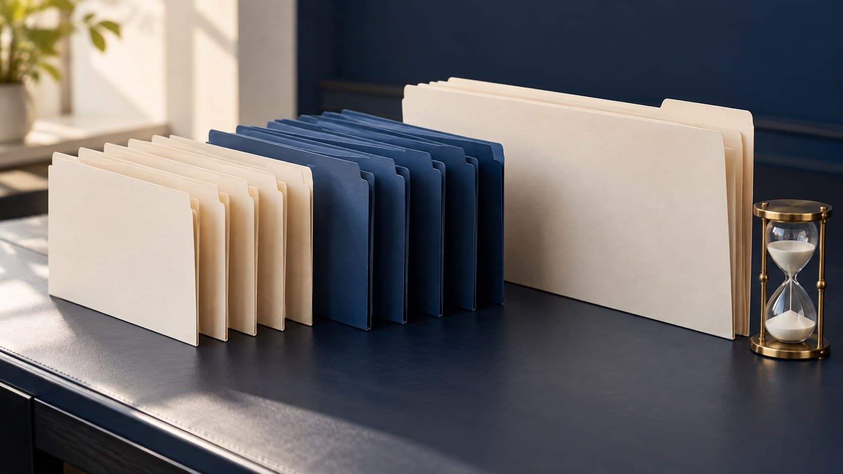 Rows of blank cream and navy folders sit beside one larger folder and an hourglass.