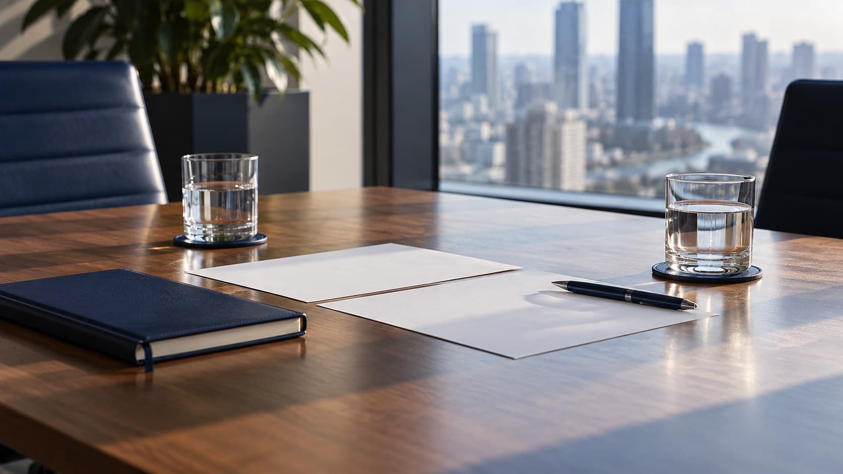 Two blank proposal sheets, a navy notebook, a pen and water glasses are arranged across a quiet meeting table.