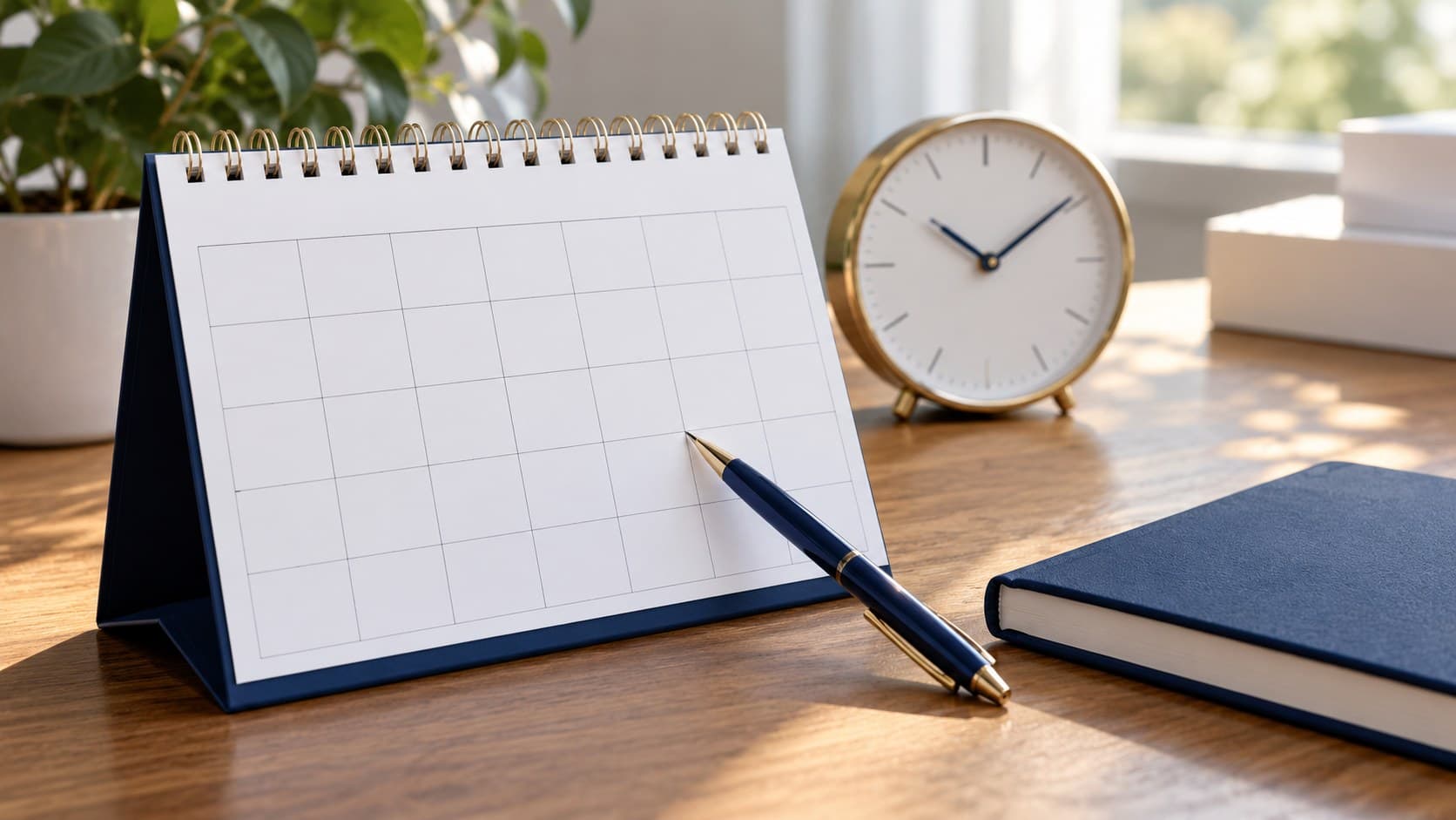 A blank desk calendar, navy pen, closed notebook and analogue clock in natural light.