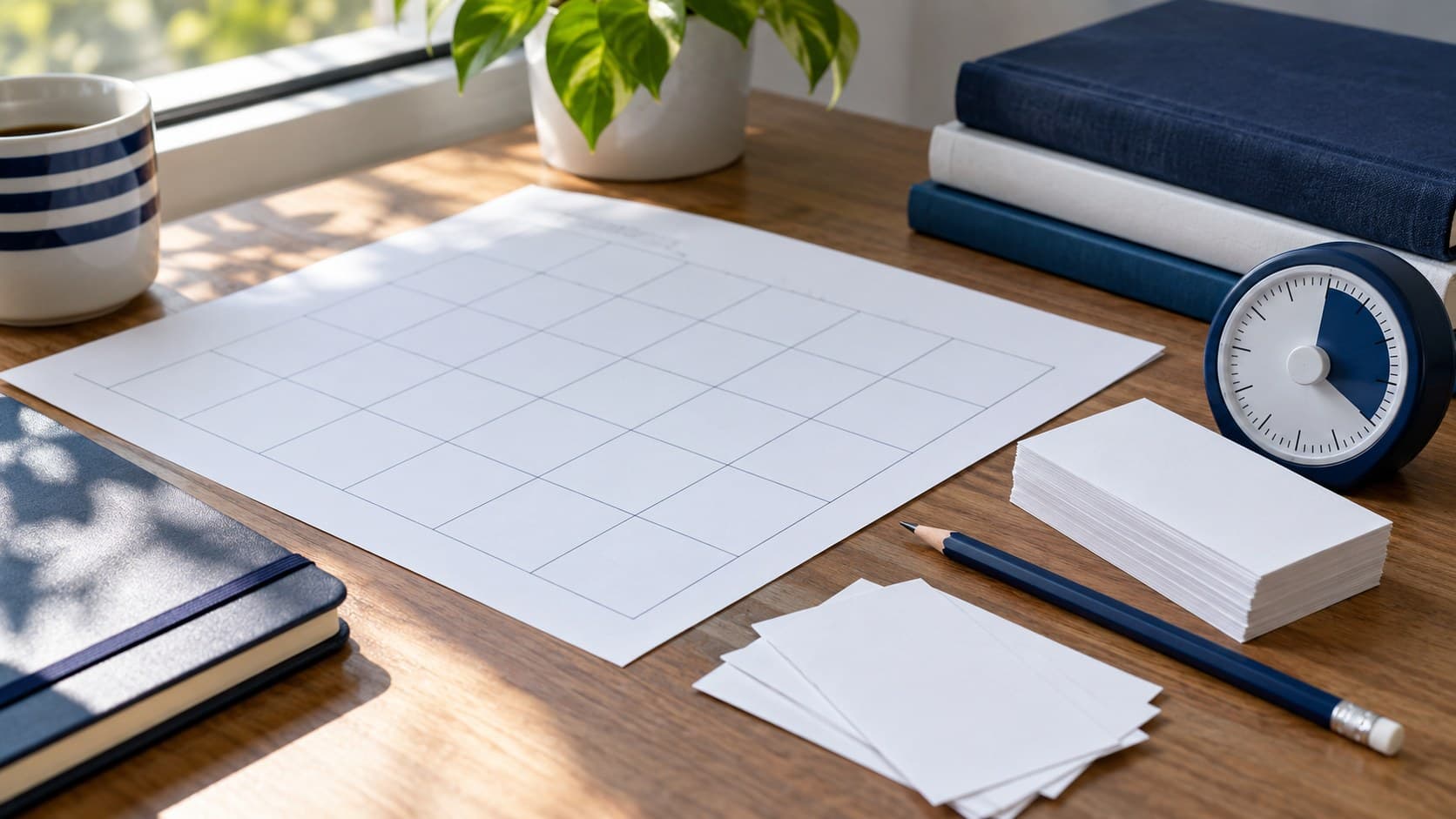 A blank paper calendar, revision cards, pencil and timer arranged on a sunlit desk.