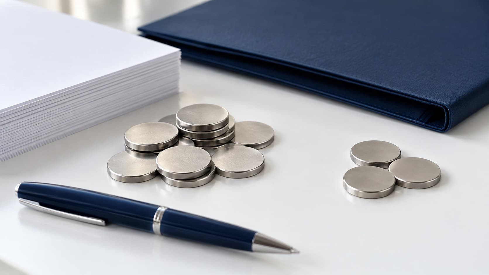 Blank papers, a navy folder, a blue pen and two separated groups of plain silver discs on a white desk.