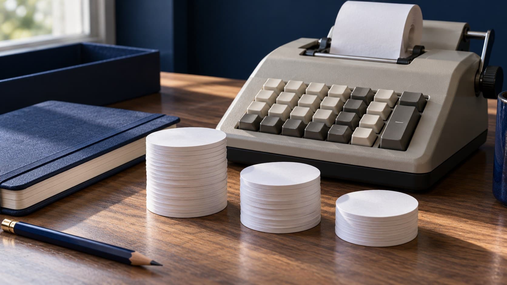 A blank-key calculator beside three stacks of white paper discs and a navy notebook.