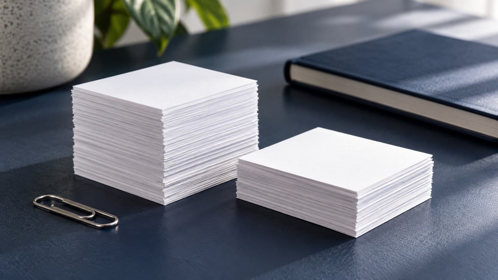 Two unequal stacks of blank paper slips and a paper clip on a navy desk.