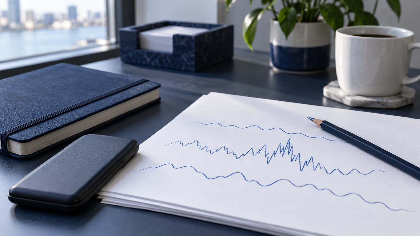 A navy notebook, blank papers with unlabelled blue curves and a pencil on a naturally lit desk.