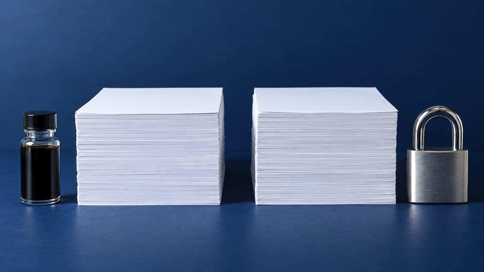 Two stacks of blank paper on a navy table, with a vial of dark oil beside one and a plain metal lock beside the other.