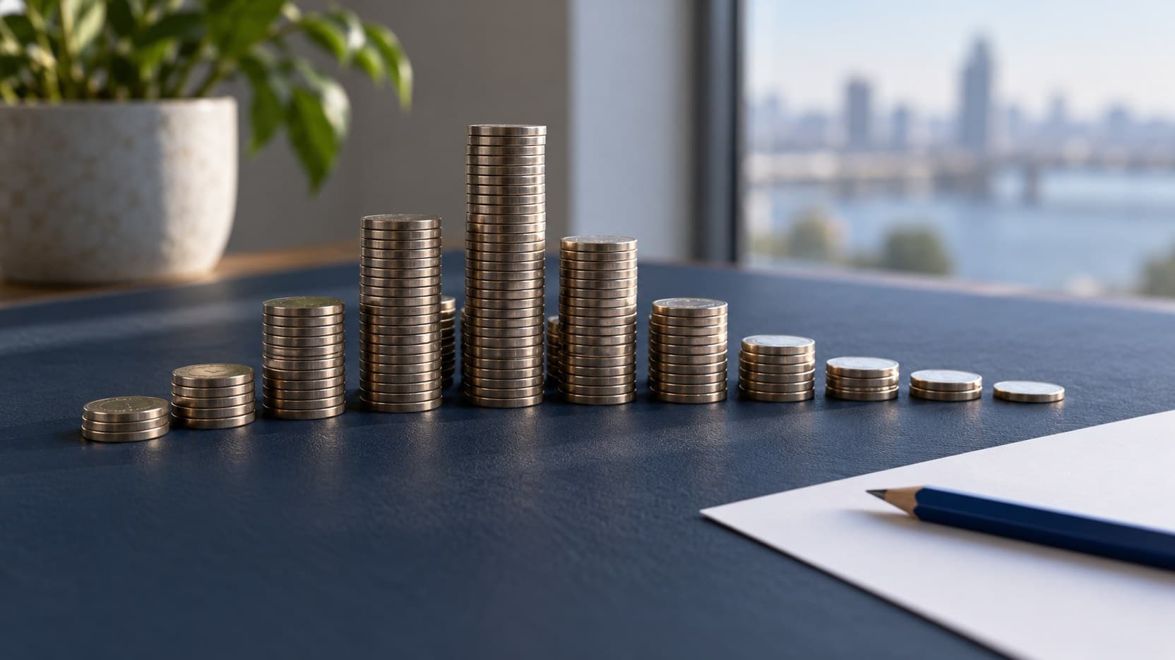 Unmarked metal coins form an uneven distribution of stacks on a navy desk beside a blank sheet and blue pencil.