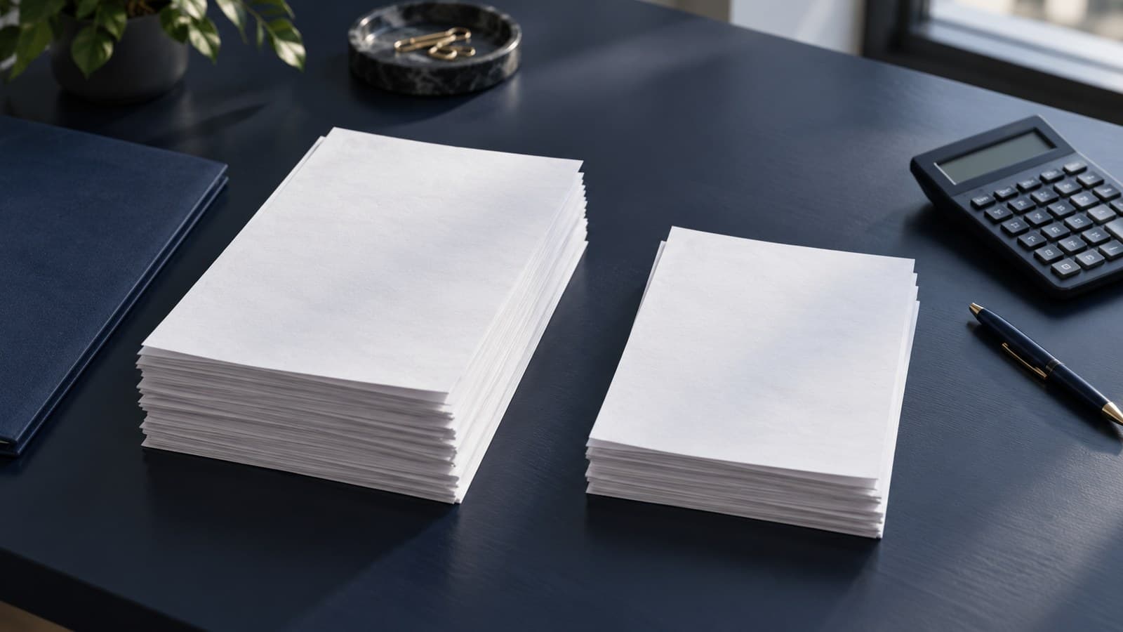 A navy desk holds two separated stacks of blank financial papers, a calculator and a pen in natural light.
