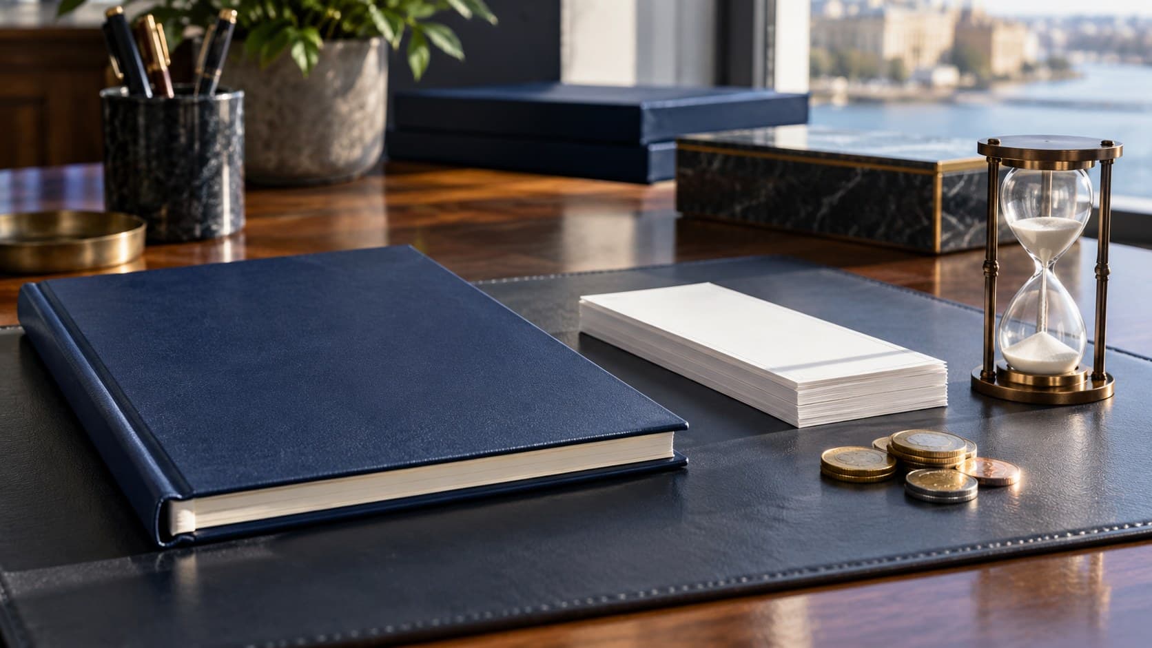 A blank navy ledger, plain paper, coins and an hourglass on a desk by a window.