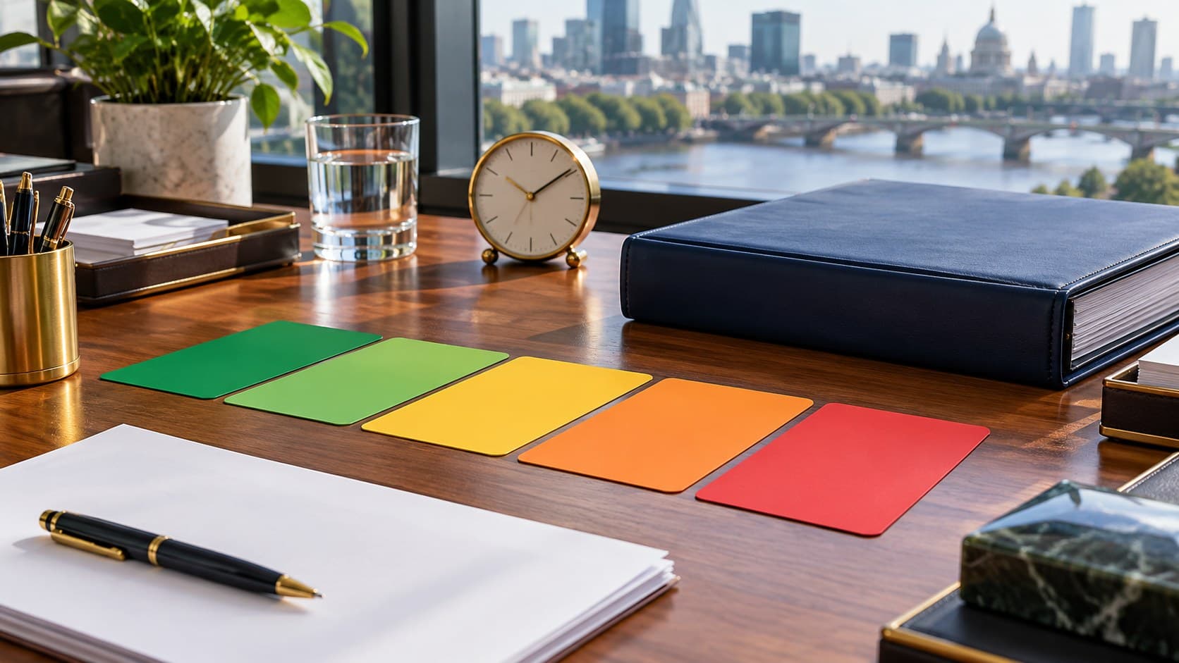 Blank coloured warning cards lead towards a closed navy binder on a treasury desk beside a clock.