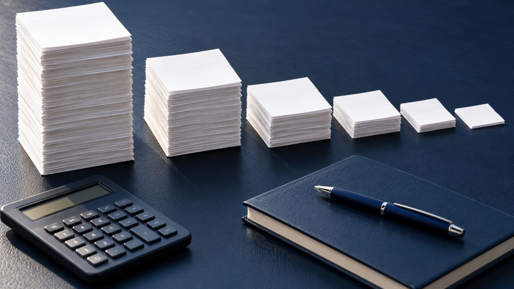 Successively smaller piles of blank papers on a navy desk beside a calculator and closed notebook.