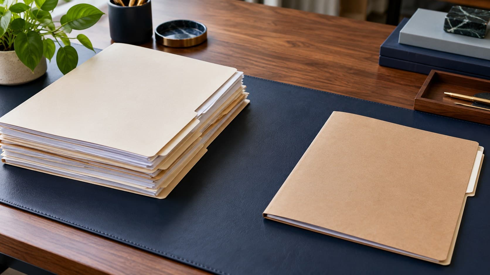A stack of blank folders sits apart from a single folder on a navy desk, suggesting a gap between assets and a debt threshold.
