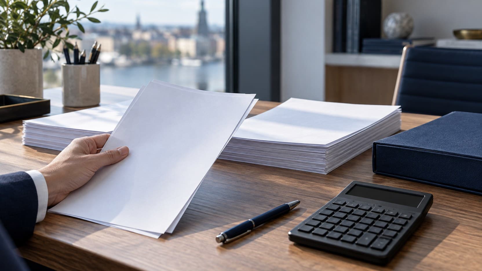 Two stacks of blank papers are compared on a desk beside a navy folder and a calculator.