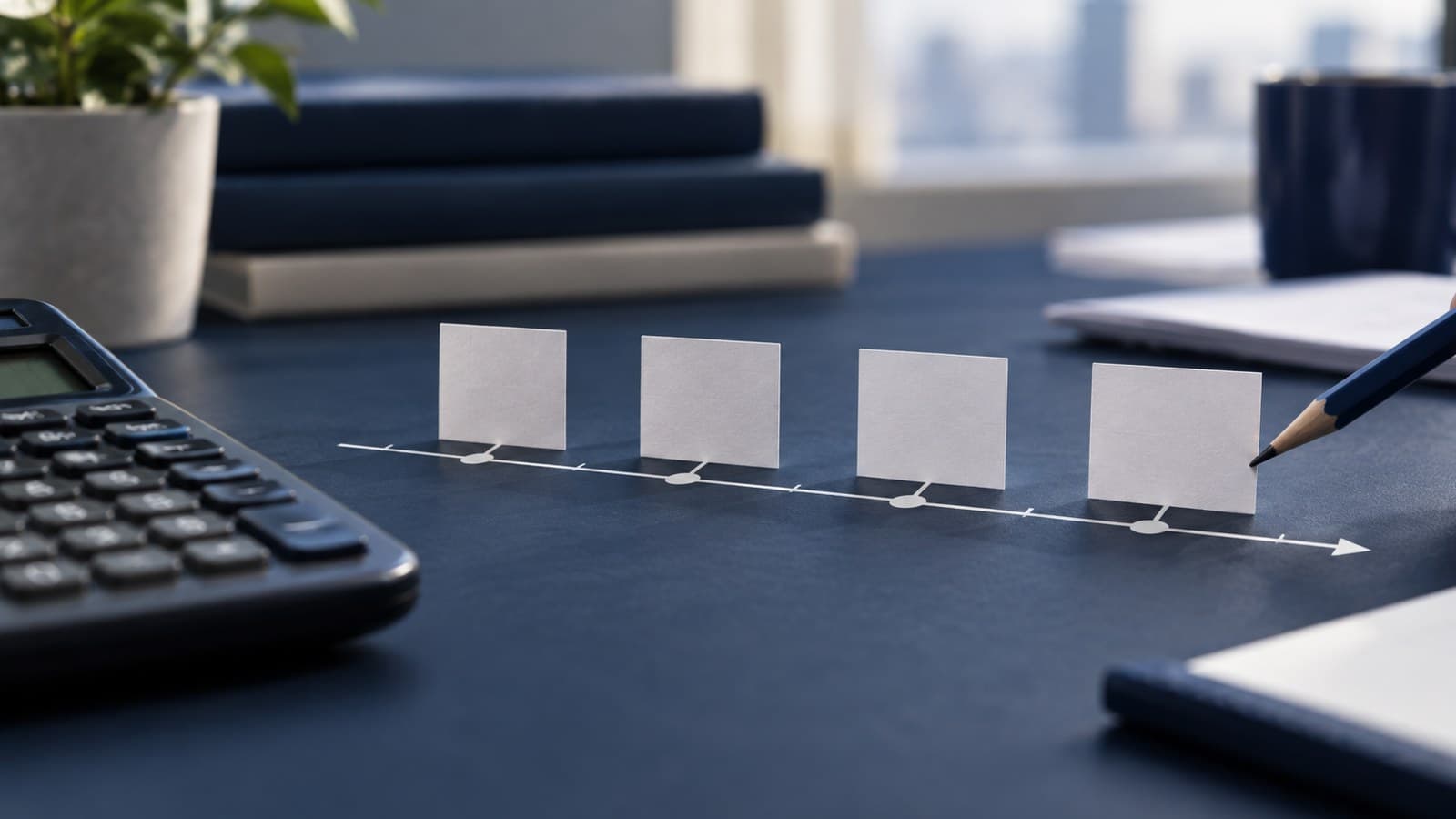 A financial calculator beside a blank cash-flow timeline made of white cards on a navy desk.